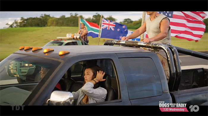 Cirie and Parvati in the US truck, Tony outside