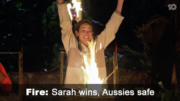 Sarah wins at fire; Aussie leaves